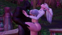 3d 3d_(artwork) blue_eyes dark-skinned_male dark_skin elf elf_ears elf_female female human interracial justicaralb male male_human/female_elf night_elf pointy_ears sex taller_female warcraft white_hair world_of_warcraft