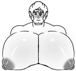 1boy areolae bara bust draco_von_merrick draconicprince_(artist) facial_hair gay huge_pecs male_only monochrome nipples shiny_skin sketch slicked_back_hair yaoi