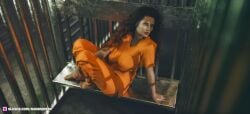 1girls 2023 3d brown_eyes brown_hair clothed clothing darkside80 female grace_(darkside80) indoors jail large_breasts long_hair orange_hair original_character prison_uniform red_hair seated sitting two-tone_hair two_tone_hair wavy_hair