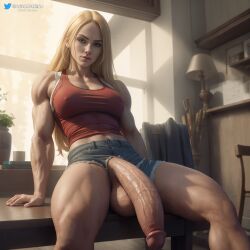 1futa abs ai_generated anna(wizarderino) blonde blonde_futa blonde_hair dickgirl futa_only futanari huge_cock jean_shorts large_balls large_penis legs_spread medium_breasted_futa medium_breasts muscular muscular_futanari penis_to_the_knees ripped_clothing solo stable_diffusion thick_thighs tight_clothing wizarderino