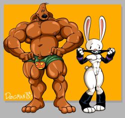 absurd_res andromorph anthro brown_body bulge canid canine canis clothed clothing cuntboy dogmanart domestic_dog duo genitals gloves handwear hi_res intersex lagomorph male mammal max_(sam_and_max) muscular muscular_male pussy sam_and_max samuel_dog size_difference standing thick_thighs topless underwear undressed white_body wide_hips