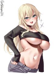 alternate_costume bangs bismarck_(kantai_collection) black_choker black_shirt blonde_hair blue_eyes blush breasts choker cowboy_shot cropped_legs ebifurya female grey_pants hair_between_eyes highres kantai_collection large_breasts long_hair navel one-hour_drawing_challenge open_mouth pants shirt simple_background sleeves_past_wrists smile solo stomach twitter_username underboob white_background