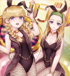 2girls akira_(aky-la) black_leotard blonde_hair blue_eyes bracelet breasts bunny_ears bunny_tail bunnysuit casino choker clothing covered_navel dragon_quest dragon_quest_xi fake_animal_ears fake_tail female female_only fishnet_pantyhose fishnets hairband heart_choker height_difference large_breasts leotard long_hair looking_at_viewer petite petite_body petite_breasts petite_female playboy_bunny roulette roulette_table roulette_wheel serena_(dq11) small_breasts tailcoat twin_braids veronica_(dq11) young_looking_female