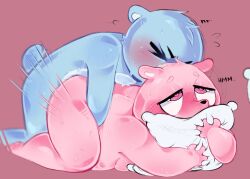 <3_eyes 2023 anthro azulin_(unicorn_wars) bear belly biped blue_body blush bodily_fluids duo gordi_(unicorn_wars) heart incest kaibee_art mammal pillow pink_body pink_eyes sex slightly_chubby sweat unicorn_wars yaoi