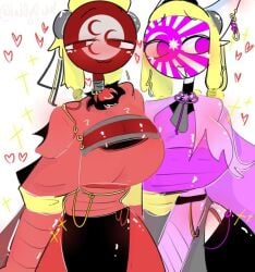 2girls big_boobs big_breasts boobs breasts clothed clothed_female countryhumans countryhumans_girl countryhumans_oc detailed girl_in_suit girl_only heart heart_around_body heart_around_head kak0yt0_chel looking_at_viewer looking_away tagme_(artist) thighs white_background