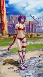 1girls 3d athena_asamiya bikini cleavage female female_only hi_res king_of_fighters king_of_fighters_xv legs medium_breasts navel purple_eyes purple_hair red_bikini short_hair smile snk solo thighs