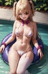 1girls ai_generated bikini blonde_hair blush breasts eyepatch female fischl_(genshin_impact) galawave genshin_impact green_eyes hair_over_one_eye light-skinned_female light_skin long_hair micro_bikini naughty_face outdoors petite petite_body small_breasts stable_diffusion thighs