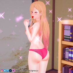 3d big_breasts bikini bikini_bottom blonde_hair breasts cleavage ear_piercing earrings female female_only gyaru igneuzz kitagawa_marin licking lollipop pasties pasties_with_text sono_bisque_doll_wa_koi_wo_suru