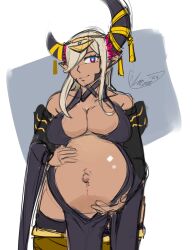 1girls belly_button big_belly blue_eyes claraspregs cleavage dark-skinned_female dark_skin dragon_girl edit female fire_emblem fire_emblem_engage hair_ornament hands_on_belly horn_ornament horns huge_breasts jewelry looking_at_viewer milf monster_girl multicolored_eyes nintendo pointy_ears pregnant red_eyes signature sketch smile thick_thighs wide_hips zelestia_(fire_emblem)