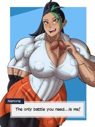 1futa autopaizuri autopaizuri_under_clothes balls black_hair breasts casual_autopaizuri clothed clothing dark-skinned_futanari dark_skin erection extreme_muscles futa_only futanari gigantic_penis hazel_iic huge_balls huge_breasts huge_cock human hyper_breasts long_hair mostly_clothed muscular_futanari nemona_(pokemon) penis pokemon pokemon_sv solo standing thick_thighs veiny_muscles wide_hips