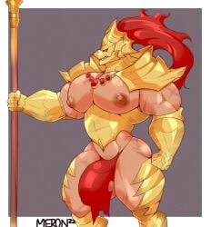 anthro armor balls bara bara_tits big_balls big_pecs big_penis bulge dark_souls dragon_slayer_ornstein fromsoftware helmet loincloth male male_only merong muscles muscular penis scars scars_all_over solo solo_male