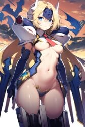 1girls ai_generated blazblue blonde_hair blue_eyes breasts child_bearing_hips hi_res legs long_hair looking_at_viewer maebari medium_breasts mu-12 navel noel_vermillion thick_thighs thighs underboob