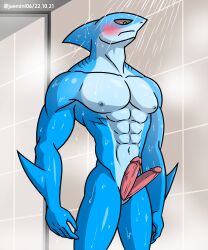 1boy 2_penises abs absurd_res alkan anthro bathroom blue_body diphallia diphallism erection fish genitals hi_res kashiver male male_only marine multi_genitalia multi_penis multicolored_body muscular muscular_anthro muscular_male navel nipples nude nude_anthro nude_male penis pink_penis shark shower shower_room solo solo_male two_tone_body yellow_eyes