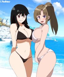 2girls arms_behind_back ass beach big_ass big_breasts bikini black_bikini black_hair blush breast_press brown_hair busty child_bearing_hips cleavage confident crossover do_you_love_your_mom_and_her_two-hit_multi-target_attacks? female female_only grin hi_res large_breasts legs lirudraw looking_at_viewer mature mature_female mature_woman milf multiple_girls navel ocean oosuki_mamako open_mouth ponytail purple_eyes sideboob smile spy_x_family thick_thighs thighs tsuujou_kougeki_ga_zentai_kougeki_de_ni-kai_kougeki_no_okaasan_wa_suki_desu_ka? voluptuous water white_bikini yor_briar