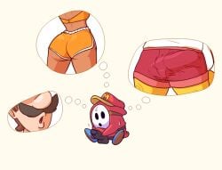 anthro ass bisexual bodily_fluids bottomwear bowser bulge clothing crop_top crossed_arms fast_food fast_food_employee female food freckles genitals group hat headgear headwear human humanoid luigi male mammal mario_(series) masturbation nikoto_all-stars_smashing nintendo penis princess_daisy shirt shorts shy_guy sweat tank_top thought_bubble topwear