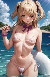 1girls ai_generated bikini blonde_hair blush breasts eyepatch female fischl_(genshin_impact) galawave genshin_impact green_eyes hair_over_one_eye light-skinned_female light_skin long_hair micro_bikini naughty_face outdoors petite petite_body small_breasts stable_diffusion thighs