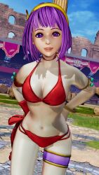 1girls 3d athena_asamiya bikini cleavage female female_only hands_on_hips hi_res king_of_fighters king_of_fighters_xv legs looking_at_viewer medium_breasts navel purple_eyes purple_hair red_bikini short_hair smile snk solo thighs