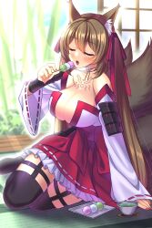 bamboo bare_shoulders blue_eyes brown_hair caleen_keemosn choker cleavage closed_eyes commission dango detached_sleeves eating eyebrows_visible_through_hair female fox_ear fox_girl fox_tail garter garter_belt garter_straps hair_ribbon higashibara_n huge_breasts indoors kemonomimi kitsunemimi miko multiple_tails nail_polish open_mouth runes safe_for_work sitting_on_floor star_ocean star_ocean_anamnesis sunrays tea thick_thighs thighhighs twintails very_long_hair wholesome