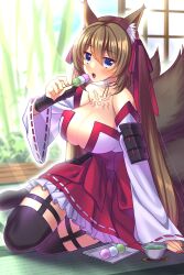 bamboo bare_shoulders blue_eyes brown_hair caleen_keemosn choker cleavage commission dango detached_sleeves eating eyebrows_visible_through_hair female fox_ear fox_girl fox_tail garter garter_belt garter_straps hair_ribbon higashibara_n huge_breasts indoors kemonomimi kitsunemimi looking_at_viewer miko multiple_tails nail_polish open_mouth runes safe_for_work sitting_on_floor star_ocean star_ocean_anamnesis sunrays tea thick_thighs thighhighs twintails very_long_hair wholesome