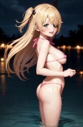 1girls ai_generated bikini blonde_hair blush breasts eyepatch female fischl_(genshin_impact) galawave genshin_impact green_eyes hair_over_one_eye light-skinned_female light_skin long_hair micro_bikini naughty_face outdoors petite petite_body small_breasts stable_diffusion thighs