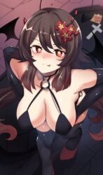 alternate_breast_size big_breasts breasts brown_hair genshin_impact hinghoi hu_tao_(genshin_impact) short_hair succubus succubus_costume tongue tongue_out