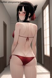 1girls ai_generated bangs big_breasts black_hair blush breasts female female_only indoors kaguya-sama_wa_kokurasetai_~tensai-tachi_no_renai_zunousen~ looking_at_viewer looking_back osyasenpai red_eyes red_underwear shinomiya_kaguya solo solo_female stable_diffusion underwear underwear_only