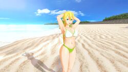 1girls armpits arms_behind_head beach big_breasts bikini blonde_hair busty cleavage elf female female_only green_eyes hi_res large_breasts leafa legs long_hair looking_at_viewer navel ocean pointy_ears ponytail pose posing sensual sexy_armpits smile sword_art_online thighs voluptuous water