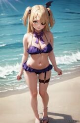 1girls ai_generated bikini blonde_hair blush breasts eyepatch female fischl_(genshin_impact) galawave genshin_impact green_eyes hair_over_one_eye light-skinned_female light_skin long_hair micro_bikini naughty_face outdoors petite petite_body small_breasts stable_diffusion thighs