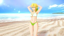 1girls armpits arms_behind_head beach big_breasts bikini blonde_hair busty cleavage elf female female_only green_eyes hi_res large_breasts leafa legs long_hair navel ocean pointy_ears ponytail pose posing sensual sexy_armpits smile sword_art_online thighs voluptuous water