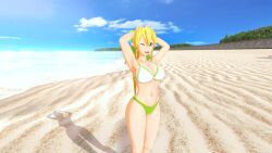 1girls armpits arms_behind_head beach big_breasts bikini blonde_hair busty cleavage elf female female_only green_eyes hi_res large_breasts leafa legs long_hair looking_at_viewer navel ocean one_eye_closed pointy_ears ponytail pose posing sensual sexy_armpits smile sword_art_online thighs voluptuous water wink