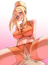 1boy 1girls athletic athletic_female big_breasts blonde_hair blue_eyes blush breasts casual_outfit_(metroid) cum cum_in_pussy ejaculation female front_view long_hair looking_at_viewer metroid midriff naughty_face navel nintendo nonosamu orange_shorts penis ponytail pov samus_aran sex sports_bra spread_legs thick_thighs thighs vaginal_insertion vaginal_penetration vaginal_sex voluptuous wide_hips