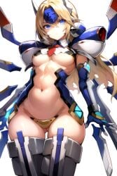 1girls ai_generated blazblue blonde_hair blue_eyes breasts child_bearing_hips hi_res legs long_hair looking_at_viewer maebari medium_breasts mu-12 navel noel_vermillion thick_thighs thighs underboob