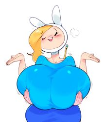 2girls adventure_time behind_another big_breasts blonde_hair blue_outfit breast_grab breasts breasts_bigger_than_head bulumble-bee cartoon_network clothed clothed_female female female_only fionna_the_human_girl gigantic_breasts hands_on_breasts holding_breasts hyper hyper_breasts one_eye_closed princess_bubblegum simple_background white_background