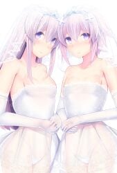 2girls breasts bride d-pad d-pad_hair_ornament daiaru dress elbow_gloves gloves highleg highleg_panties long_hair looking_at_viewer midriff navel nepgear neptune_(neptunia) neptunia_(series) panties purple_eyes purple_hair ring see-through see-through_dress short_hair siblings sisters small_breasts tiara veil wedding_dress wedding_ring wedding_veil white_dress white_panties