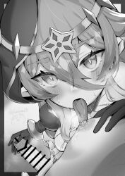 1boy 1girls bar_censor blush breasts censored detached_sleeves female genshin_impact gloves greyscale hair_between_eyes highres hood hood_up jewelry layla_(genshin_impact) licking licking_nipple long_hair looking_at_viewer monochrome penis saliva solo_focus straight sucking_male_nipple sukoyaka93 sweat tongue tongue_out very_long_hair