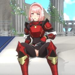 1girls armor bangs bed bedroom_eyes bodystocking bodystocking_under_clothes boots clothes_lift come_hither female female_only fire_emblem fire_emblem_engage full_bodystocking gloves hairband inviting inviting_to_sex lapis_(fire_emblem) lifted_by_self looking_at_viewer medium_hair nintendo on_bed open_mouth overused23 pelvic_curtain pelvic_curtain_lift pink_eyes pink_hair pussy smile solo torn_clothes