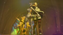 2girls 3d anal_insertion bellakvo big_breasts blizzard_entertainment blonde_hair blue_skin cindyy draenei female female_only lightforged_draenei original_character tail_sex warcraft white_hair world_of_warcraft yuri