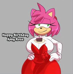 1girls amy_rose anthro birthday_cake cake fully_clothed furry gloves grin hands_on_hips large_breasts monamania sega shirt skirt slice_of_cake sonic_(series) sweetdandy