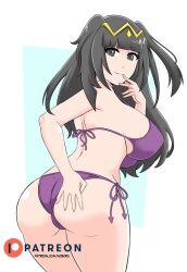 1girls alternate_costume ass bangs bare_thighs bikini black_eyes black_hair breasts female female_only fire_emblem fire_emblem_awakening large_ass large_breasts long_hair looking_at_viewer looking_back nintendo noboru_revista purple_bikini purple_swimsuit smile solo swimsuit tharja_(fire_emblem) thick_thighs thighs