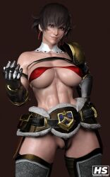 1girls 3d armor bikini_armor brown_hair female female_only fiorayne hagiwara_studio monster_hunter monster_hunter_rise muscular_female purple_eyes short_hair solo tagme