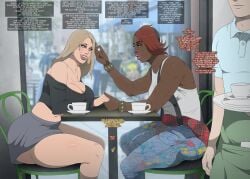 2023 2futas black_skin breasts bulge cafe chastity_(contingency) clothed clothing contingency dark-skinned_futanari dark_skin date dialogue duo english_text fully_clothed futa_only futanari huge_cock human implied_futanari light-skinned_futanari light_skin public red_hair restaurant sitting text