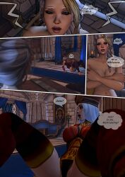 2girls 3d blizzard_entertainment blonde_hair blue_eyes comic comic_page dialogue eluneylewds human human_(world_of_warcraft) jaina_proudmoore light-skinned_female light_skin red_eyes sally_whitemane thighhighs warcraft white_hair world_of_warcraft