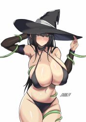 1girls armwear big_breasts black_hair blue_eyes blush breasts cleavage cleavage_overflow curvy female female_only hat hourglass_figure huge_breasts long_hair looking_at_viewer original original_character simple_background smile smokin_(artist) source_request thick_thighs wide_hips witch witch_hat