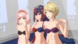 3girls ahoge alear_(female)_(fire_emblem) alear_(fire_emblem) bangs bare_shoulders bed blonde_hair blue_eyes blue_hair bra breasts female female_only fire_emblem fire_emblem_engage grin hair_between_eyes harem heterochromia hug lapis_(fire_emblem) long_hair medium_breasts medium_hair merrin_(fire_emblem) multicolored_hair multiple_girls nintendo on_bed overused23 pink_eyes pink_hair red_eyes red_hair short_hair shoulders small_breasts underwear very_long_hair