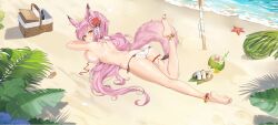 animal_ears anklets ass beach bikini bikini_top_undone breasts flower_in_hair idle_huntress lying_on_stomach pink_hair tamamo_no_mae_(idle_huntress) tanlines