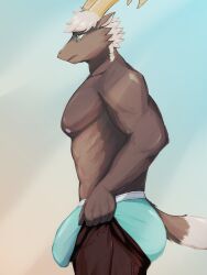 2023 anthro ass black_body black_fur bottomwear bovid bulge caprine clothed clothing eyewear fur genital_outline glasses goat hair hi_res horn ken_hutagami lifewonders male male_only mammal meme muscular muscular_anthro muscular_male penis_outline solo standing tanngrisnir_(tokyo_afterschool_summoners) tight_pants_(meme) tokyo_afterschool_summoners topless topless_anthro topless_male underwear white_hair