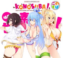 3girls alternate_costume aqua_(konosuba) ball beach_ball bikini bikini_top_only blonde_hair blue_eyes blue_hair blush breasts brown_hair crab darkness_(konosuba) female female_only gs_(onsen_syndicate) hair_ornament hair_rings highres holding holding_ball holding_beachball kono_subarashii_sekai_ni_shukufuku_wo! large_breasts legwear_garter looking_at_viewer looking_back looking_to_the_side megumin multiple_girls navel one_eye_closed open_mouth ponytail red_bikini red_eyes short_shorts shorts sideboob simple_background smile stomach striped striped_bikini swimsuit underboob yellow_bikini