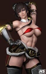 1girls 3d armor bikini_armor brown_hair female female_only fiorayne hagiwara_studio monster_hunter monster_hunter_rise muscular_female purple_eyes short_hair solo tagme