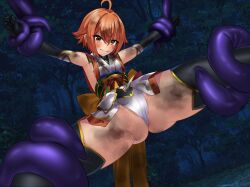 1girls angry armpits bondage defeated defeated_heroine gloves humiliation kunoichi long_gloves meten ninja orange_eyes orange_hair original panties short_hair small_breasts spread_legs stockings tentacle thighhighs tomboy