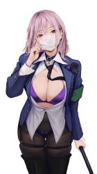 1girls big_breasts chela77 collar looking_at_viewer mouth_mask original pantyhose pink_hair purple_bra suit thick_thighs tie